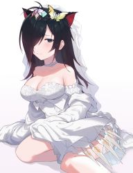 Rule 34 | 1girl, animal ears, antenna hair, black hair, blue eyes, blush, breasts, bridal veil, butterfly hair ornament, choker, cleavage, closed mouth, detached sleeves, dragon ears, dress, ear piercing, extra ears, gradient background, gradient hair, hair ornament, hair over one eye, highres, large breasts, long hair, long sleeves, looking at viewer, multicolored hair, ngtr kaina, piercing, puzzle &amp; dragons, red hair, roche (p&amp;d), simple background, sitting, sleeves past fingers, sleeves past wrists, solo, sparkle, veil, wedding dress, white choker, wide sleeves