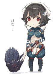 Rule 34 | 1girl, black hair, breasts, brown gloves, costume request, empty eyes, full body, gloves, hair ornament, highres, holding, holding weapon, jingei (kancolle), kantai collection, medium breasts, monster hunter (series), parted lips, red eyes, short hair, simple background, solo, standing, weapon, white background, yamashichi (mtseven)