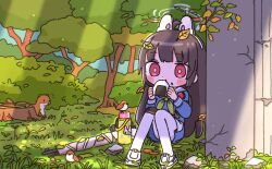 Rule 34 | 1girl, 1nupool, ahoge, animal, animal ears, bird, black hair, blue archive, blue serafuku, blue shirt, blue skirt, blush stickers, bolt action, bright pupils, commentary, dappled sunlight, eating, fake animal ears, food, food on face, forest, grass, green neckerchief, gun, halo, highres, knee pads, leaf, leaf on head, long hair, miyu (blue archive), mosin-nagant, nature, neckerchief, onigiri, outdoors, pantyhose, rabbit ears, red eyes, revision, rice, rice on face, rifle, school uniform, serafuku, shirt, shoes, single knee pad, sitting, skirt, sneakers, solo, sunlight, thermos, tree stump, weapon, weasel, white footwear, white pantyhose, white pupils
