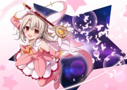 Rule 34 | 1girl, :d, arm up, blush, boots, detached sleeves, earrings, fate/kaleid liner prisma illya, fate (series), feathers, floating hair, full body, gloves, hair between eyes, highres, holding, holding staff, jewelry, layered skirt, long hair, looking at viewer, looking up, magical ruby, miniskirt, morokoshi (tekku), neckerchief, open mouth, orange neckerchief, pink footwear, pink shirt, prisma illya, red eyes, shirt, silver hair, skirt, sleeveless, sleeveless shirt, smile, solo, staff, thigh boots, thighhighs, white feathers, white gloves, white skirt