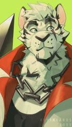 Rule 34 | 1boy, animal ears, arknights, artist name, bara, blue eyes, chain necklace, commentary, dated, english commentary, facial scar, furry, furry male, green background, highres, jewelry, keybinlarose, male focus, mountain (arknights), necklace, scar, scar across eye, scar on cheek, scar on face, tiger boy, tiger ears, tiger stripes, upper body