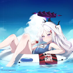 Rule 34 | 1girl, afloat, ahoge, armpits, blue archive, blue sky, blurry, cloud, cloudy sky, collarbone, commentary, commentary request, demon girl, demon horns, demon wings, depth of field, english commentary, forehead, hair ornament, hairclip, halo, highres, hina (blue archive), hina (swimsuit) (blue archive), holding, holding whistle, horizon, horns, lifebuoy, long hair, looking at viewer, lying, mixed-language commentary, name tag, ocean, old school swimsuit, on back, one side up, parted bangs, patreon username, purple eyes, school swimsuit, sidelocks, sky, sleeveless, solo, sonaworld, swim ring, swimsuit, wavy hair, whistle, whistle around neck, white hair, wings