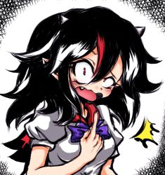 Rule 34 | 1girl, ^^^, black hair, bow, cone horns, dress, fang, grey horns, horns, kijin seija, looking at viewer, multicolored hair, open mouth, pointing, pointing at self, red eyes, red hair, short hair, solo, streaked hair, touhou, white hair, ziogon