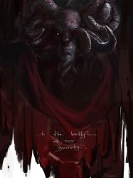 Rule 34 | 1boy, black sclera, colored sclera, colored skin, dark skin, elden ring, english text, gezuma, highres, horns, looking at viewer, male focus, mohg lord of blood, monster, multiple horns, orange eyes, sharp teeth, signature, solo, teeth, upper body