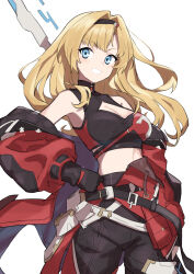 Rule 34 | 1girl, absurdres, armpits, asymmetrical bangs, black gloves, black hairband, black pants, blonde hair, blue eyes, breasts, cleavage, cleavage cutout, clothing cutout, coat, crop top, floating hair, gazacy (dai), gloves, granblue fantasy, grin, hair intakes, hairband, hand on own hip, highres, long hair, long sleeves, looking at viewer, medium breasts, midriff, open clothes, open coat, pants, smile, solo, standing, stomach, white background, zeta (granblue fantasy)