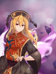 Rule 34 | 1girl, :/, aura, ayura8901, bad id, bad twitter id, black dress, black hat, blonde hair, blush, breasts, bud, chinese clothes, closed mouth, crescent print, dress, energy, eyelashes, fingernails, flower, fox print, gold trim, hair between eyes, hat, holding, holding flower, junko (touhou), large breasts, leaf, lifting own clothes, long hair, long sleeves, looking at viewer, necktie, phoenix crown, pom pom (clothes), red eyes, ribbon, sash, sidelocks, solo, standing, tabard, tassel, thick thighs, thighs, touhou, very long hair, wide hips, wide sleeves, yellow necktie, yellow ribbon