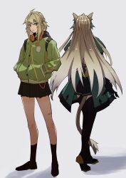 Rule 34 | 1girl, absurdres, ahoge, atalanta (fate), backpack, bag, black skirt, braid, brown eyes, brown hair, buttons, closed mouth, fate/grand order, fate (series), frown, full body, green jacket, grey background, hands in pockets, haruakira, headphones, headphones around neck, highres, jacket, long hair, looking at viewer, short hair, simple background, skirt, solo, tail, track jacket
