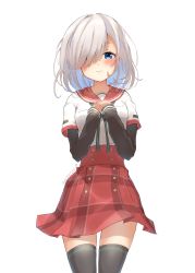Rule 34 | 1girl, aqua ribbon, asukaru (magika ru), black sleeves, black thighhighs, blue eyes, blush, breast pocket, buttons, cowboy shot, dated, dot nose, expression request, eyes visible through hair, grey hair, hair over one eye, hands on own chest, highres, isuzu ren, kamihama university affiliated school uniform, layered sleeves, long bangs, long sleeves, magia record: mahou shoujo madoka magica gaiden, mahou shoujo madoka magica, medium hair, miniskirt, neck ribbon, one eye covered, own hands together, plaid, plaid skirt, pleated skirt, pocket, red sailor collar, red skirt, ribbon, sailor collar, sailor shirt, school uniform, serafuku, shirt, short over long sleeves, short sleeves, signature, simple background, skirt, solo, thighhighs, white background, white shirt, zettai ryouiki