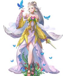 Rule 34 | 1girl, animal, bird, blue butterfly, blue eyes, breasts, bug, butterfly, comic, covered collarbone, dagger, detached sleeves, dress, earrings, eir (fire emblem), feet, female focus, fire emblem, fire emblem heroes, flower, flower earrings, frills, full body, gold trim, grey hair, haccan, hair ornament, highres, holding, holding dagger, holding knife, holding weapon, insect, jewelry, knife, long dress, long hair, medium breasts, nintendo, non-web source, official art, ponytail, sandals, see-through, solo, tiara, toeless footwear, toes, transparent background, weapon, wide sleeves