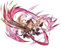 Rule 34 | &gt;:), 10s, 1girl, ankle boots, bare shoulders, black footwear, blonde hair, blue eyes, boots, breasts, chainsaw, crazy eyes, crazy smile, cross-laced footwear, draph, empty eyes, full body, granblue fantasy, grin, hair ornament, hairclip, hallessena, hat, holding, horns, knees together feet apart, lace-up boots, long hair, looking at viewer, low twintails, medium breasts, minaba hideo, miniskirt, official art, over-kneehighs, plaid, plaid skirt, pointy ears, red skirt, skirt, smile, solo, thighhighs, transparent background, twintails, underboob, underbust, v-shaped eyebrows, white thighhighs
