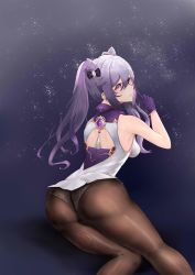 Rule 34 | 1girl, artist request, ass, bare shoulders, breasts, dress, from behind, genshin impact, gloves, hair ornament, highres, keqing (genshin impact), long hair, looking at viewer, looking back, medium breasts, panties, panties under pantyhose, pantyhose, pink eyes, purple hair, shiny clothes, shiny skin, sideboob, solo, twintails, underwear, very long hair, vision (genshin impact)