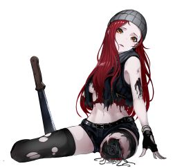 Rule 34 | 1girl, absurdres, android, asagon007, belt, belt buckle, black gloves, black thighhighs, blood, bracelet, breasts, brown eyes, buckle, commentary, cyborg, damaged, eyes visible through hair, fingerless gloves, gloves, grey hat, hat, highres, injury, jewelry, long hair, looking at viewer, machete, mechanical arms, mechanical legs, mechanical parts, nail polish, navel, original, pale skin, parted lips, red hair, science fiction, shorts, single mechanical arm, sitting, sleeveless, solo, stomach, thighhighs, torn clothes, torn thighhighs, vest, weapon, zipper