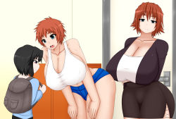 Rule 34 | 2girls, ago, bare shoulders, blue eyes, breast hold, breasts, brown hair, child, cleavage, curvy, denim, frown, hibino hibiki, hibino maki, highres, huge breasts, jeans, leaning forward, multiple girls, open mouth, pants, shirt, short hair, shorts, skirt, standing, thighs