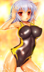 Rule 34 | 10s, ben-tou, competition swimsuit, highres, lips, one-piece swimsuit, red eyes, short hair, silver hair, solo, swimsuit, teruru, wet, yarizui sen