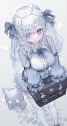 Rule 34 | 1girl, angel wings, bag, black bow, black footwear, bow, breasts, closed mouth, detached wings, dress, frilled dress, frilled sleeves, frills, from above, grey dress, grey hair, hair bow, hair ornament, hairclip, halo, highres, large breasts, long hair, original, purple eyes, shoes, sleeve garter, sleeves past fingers, sleeves past wrists, solo, thighhighs, voruvoru, white thighhighs, white wings, wings