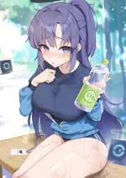 Rule 34 | 1girl, blue archive, blue buruma, blue eyes, blue hair, blurry, blurry background, blush, bottle, breasts, buruma, commentary request, depth of field, fang qiao, feet out of frame, gym uniform, halo, hand on own chest, highres, holding, holding bottle, id card, jacket, jacket partially removed, large breasts, long hair, long sleeves, looking at viewer, mechanical halo, mixed-language commentary, official alternate costume, open mouth, outdoors, ponytail, shirt, sidelocks, sitting, solo, star sticker, sticker on face, sweat, thighs, water bottle, wet, wet clothes, wet shirt, yuuka (blue archive), yuuka (track) (blue archive)
