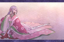 Rule 34 | 1girl, akebono (kancolle), alternate costume, bell, folded fan, commentary request, flower, folding fan, hair bell, hair flower, hair ornament, hand fan, japanese clothes, jingle bell, kantai collection, kimono, layered clothes, layered kimono, long hair, looking to the side, negative space, purple eyes, purple hair, side ponytail, solo, very long hair, wss (nicoseiga19993411)