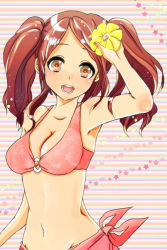 Rule 34 | 1girl, amagami, bad id, bad pixiv id, bikini, brown eyes, brown hair, flower, nakata sae, open mouth, ruriruno, smile, solo, swimsuit, twintails