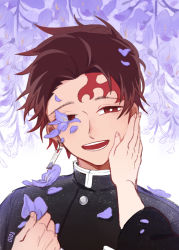 Rule 34 | 1boy, alternate body fluid, brown hair, crying, demon slayer uniform, earrings, facial mark, flower, half-closed eyes, hand on another&#039;s cheek, hand on another&#039;s face, hand up, happy, highres, jewelry, kamado tanjirou, kimetsu no yaiba, looking at viewer, male focus, mono (bluesky), out of frame, outstretched arm, petals, portrait, pov, pov hands, purple flower, reaching, red eyes, red hair, scar, scar on face, smile, solo focus, wisteria