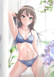 Rule 34 | 1girl, :o, absurdres, arm up, armpits, black hair, blue bra, blue panties, blurry, blurry background, blurry foreground, blush, bra, breasts, cleavage, collarbone, cyde, depth of field, green eyes, highres, idolmaster, idolmaster cinderella girls, lace, lace-trimmed bra, lace-trimmed panties, lace trim, long hair, looking at viewer, navel, panties, shibuya rin, skindentation, small breasts, solo, straight hair, underwear, underwear only