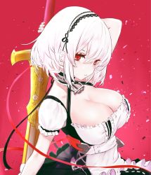 Rule 34 | 1girl, absurdres, anchor, apron, arm behind head, azur lane, bad id, bad pixiv id, black skirt, breasts, choker, cleavage, closed mouth, collarbone, commentary request, debris, derivative work, eyelashes, frilled skirt, frilled sleeves, frills, hair between eyes, hairband, high-waist skirt, highres, holding, holding sword, holding weapon, lace-trimmed hairband, lace trim, large breasts, looking at viewer, puffy short sleeves, puffy sleeves, red background, red eyes, ribbon, shiki kayanotani, short hair, short sleeves, sidelocks, simple background, sirius (azur lane), skirt, solo, suspender skirt, suspenders, sword, upper body, waist apron, weapon, white hair