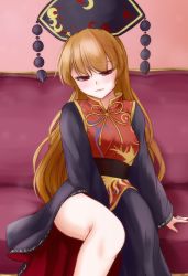 Rule 34 | 1girl, belt, black hat, blush, bow, bowtie, breasts, brown belt, brown hair, chinese clothes, closed mouth, commentary request, couch, crescent, dress, female masturbation, fingernails, grey dress, hat, highres, indoors, junko (touhou), knees, light brown hair, long hair, long sleeves, looking down, masturbation, medium breasts, nail polish, phoenix crown, pink nails, pom pom (clothes), red eyes, riria (liry a flower), sitting, solo, stealth masturbation, tabard, thighs, touhou, wall, wide sleeves, yellow bow, yellow bowtie
