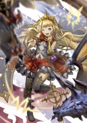 Rule 34 | 1girl, :d, black footwear, blunt bangs, blurry, blurry foreground, blush, boots, bracer, cagliostro (granblue fantasy), depth of field, floating hair, frilled skirt, frills, granblue fantasy, highres, long hair, one eye closed, open mouth, pointing, pointing at viewer, purple eyes, red skirt, shimashima (simasima 23), skirt, smile, solo, standing, standing on one leg, thigh boots, thighhighs, tiara, vest