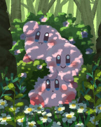 Rule 34 | :i, blue eyes, blush, bush, closed mouth, dappled sunlight, flower, forest, grass, highres, kirby, kirby (series), miclot, nature, nintendo, no humans, open mouth, pink flower, pink footwear, shoes, sitting, smile, sunlight, tree, white flower