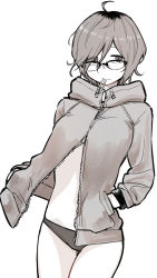 Rule 34 | 10s, 1girl, abarai575, ahoge, bad id, bad pixiv id, breasts, cowboy shot, dagashi kashi, eyes visible through hair, glasses, greyscale, hair between eyes, hands in pockets, jacket, looking at viewer, medium breasts, messy hair, monochrome, mouth hold, multicolored hair, owari hajime, panties, sepia, short hair, simple background, solo, swimsuit, thighs, underwear, white background