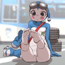Rule 34 | 1girl, absurdres, artist request, barefoot, blue footwear, blush, boots, unworn boots, character request, copyright request, feet, foot focus, goggles, goggles on head, highres, no socks, shoes, unworn shoes, soles, tagme, tire, toes