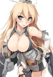 Rule 34 | 10s, 1girl, bare shoulders, belt, belt buckle, blonde hair, blue eyes, blush, breasts, buckle, cleavage, elbow gloves, fingerless gloves, front-tie top, garter straps, gloves, headgear, iowa (kancolle), kantai collection, large breasts, leaning forward, long hair, looking at viewer, machinery, midriff, miniskirt, navel, open mouth, skirt, smile, solo, standing, star-shaped pupils, star (symbol), striped clothes, striped skirt, symbol-shaped pupils, thighhighs, vertical-striped clothes, vertical-striped skirt, zekkyon, zettai ryouiki