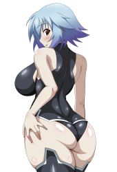 Rule 34 | 1girl, :p, absurdres, ass, ass grab, black leotard, blue hair, breasts, come hither, deep skin, from behind, grabbing own ass, hand on own ass, hands on ass, highres, infinite stratos, large breasts, leotard, looking at viewer, looking back, red eyes, sarashiki tatenashi, shiny clothes, shiny skin, short hair, simple background, skin tight, smile, solo, space gorilla, standing, thick thighs, thighs, tongue, tongue out, walking, white background
