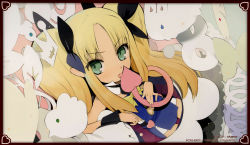 Rule 34 | 1girl, absurdres, astarotte ygvar, blonde hair, demon tail, detached collar, flat chest, frown, green eyes, hair ribbon, highres, licking, long hair, lotte no omocha!, okama, pointy ears, ribbon, sexually suggestive, solo, tail, tongue, tongue out, twintails, wrist cuffs