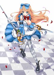 Rule 34 | 1girl, adapted costume, alice (alice in wonderland), alice in wonderland, blue eyes, bow, breasts, brown hair, checkered clothes, checkered floor, checkered legwear, cleavage, detached sleeves, dual wielding, floor, hair bow, holding, large breasts, miyuki rei, pantyhose, patterned legwear, princess royale, solo, sword, weapon