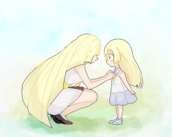 Rule 34 | 2girls, adjusting neckwear, aged down, blonde hair, blush stickers, brown footwear, chiimako, closed mouth, collared dress, commentary request, creatures (company), dress, eyelashes, from side, game freak, green eyes, grey footwear, lillie (pokemon), long hair, lusamine (pokemon), mother and daughter, multiple girls, nintendo, pokemon, pokemon sm, shoes, sleeveless, sleeveless dress, smile, socks, squatting, white dress, white legwear