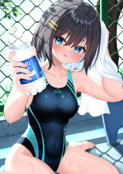 Rule 34 | 1girl, a4 takahashi, absurdres, black hair, black one-piece swimsuit, blue eyes, bob cut, bottle, breasts, chain-link fence, collarbone, commentary request, competition swimsuit, covered navel, fence, hair ornament, hairclip, highleg, highleg swimsuit, highres, kickboard, medium breasts, one-piece swimsuit, original, pocari sweat, short hair, sitting, solo, swimsuit, towel, two-tone swimsuit, wariza, white towel