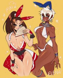 Rule 34 | 2girls, animal ears, armlet, bare shoulders, bikini, black sash, blue eyes, blue leotard, bracelet, breasts, brown eyes, brown hair, capcom, character name, cleavage, criss-cross halter, crossover, crystalsugarstars, curvy, dark-skinned female, dark skin, earrings, elena (street fighter), eyelashes, fake animal ears, fatal fury, female focus, fingernails, floral print, folded fan, folding fan, halterneck, hand fan, hand on own thigh, high ponytail, highres, holding, holding fan, jewelry, large breasts, leotard, lips, lipstick, long eyelashes, long hair, looking at viewer, makeup, multiple girls, navel, neck ring, parted lips, pink lips, playboy bunny, ponytail, rabbit ears, rabbit tail, red leotard, rope, sash, shiranui mai, short hair, smile, snk, sparkle, strapless, strapless leotard, street fighter, street fighter iii (series), swimsuit, tail, the king of fighters, thighs, toned female, white bikini, white hair, wrist guards