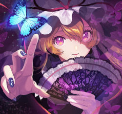 Rule 34 | 1girl, absurdres, artist name, blonde hair, blue butterfly, blue nails, bug, butterfly, colored eyelashes, eyebrows hidden by hair, face, fingernails, floating hair, folding fan, frills, gap (touhou), glowing butterfly, hair between eyes, hand fan, hat, hat ribbon, highres, huge filesize, insect, lace trim, light particles, long hair, long sleeves, looking at object, looking up, mob cap, nail polish, open mouth, pink ribbon, purple butterfly, reaching, ribbon, scan, scan artifacts, signature, smile, solo, surumeri (baneiro), touhou, transparent butterfly, white hat, yakumo yukari