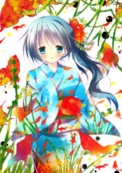 Rule 34 | 1girl, :o, blue dress, blue eyes, blue hair, blush, cowboy shot, dress, fish, fishes, flower, hair flower, hair ornament, japanese clothes, kimono, long hair, long sleeves, looking at viewer, matching hair/eyes, natsuki coco, original, parted lips, plant, short hair, side ponytail, simple background, solo, white background, wide sleeves