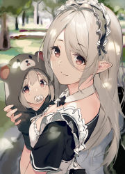 Rule 34 | 2girls, aged up, animal costume, bear costume, black dress, black hairband, black neckwear, blush, bow, bowtie, breasts, brown eyes, carrying, child, closed mouth, collar, cosplay, day, detached collar, dress, frilled hairband, frills, grey hair, hair between eyes, hairband, highres, if they mated, kigurumi, kokkoro (princess connect!), looking at viewer, looking to the side, mother and daughter, motherly, multiple girls, niii (memstapak), outdoors, pacifier, photoshop (medium), pointy ears, princess connect!, short sleeves, small breasts, smile, tree, upper body, white collar