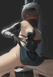 Rule 34 | 1girl, bare shoulders, black bow, black hairband, blush, bow, breasts, dress, female masturbation, fingering, gauntlets, girls&#039; frontline, hair between eyes, hair bow, hairband, highres, jaaku (ra 9rara), long hair, looking at viewer, masturbation, mouth veil, pussy juice, pussy juice trail, red eyes, silver hair, simple background, small breasts, solo, spread legs, squatting, tokarev (girls&#039; frontline), tokarev (griffin&#039;s dancer) (girls&#039; frontline), vaginal, veil