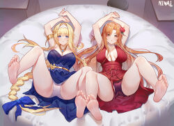 Rule 34 | 2girls, alice zuberg, armpits, arms up, asuna (sao), bare arms, bare legs, bare shoulders, barefoot, blonde hair, blue dress, blue eyes, blue ribbon, braid, breasts, brown eyes, brown hair, dress, evening gown, feet, feet up, female focus, flower, formal, french braid, full body, gown, hair flower, hair ornament, hairclip, highres, jewelry, legs up, long hair, looking at viewer, medium breasts, multiple girls, necklace, ninai, no bra, no shoes, open mouth, panties, ponytail, red dress, red flower, red rose, red skirt, ribbon, rose, skirt, smile, soles, sword art online, sword art online: alicization, thighs, toes, underwear, very long hair