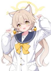 Rule 34 | 1girl, animal ear fluff, animal ears, black sailor collar, blue archive, blush, buttons, cardigan, cat ears, extra ears, hair between eyes, halo, hifumi (blue archive), highres, light brown hair, long hair, long sleeves, looking at viewer, low twintails, open mouth, sailor collar, simple background, smile, solo, twintails, upper body, white background, white cardigan, yellow eyes, yellow halo, yoi0341