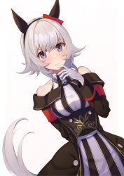 Rule 34 | 1girl, absurdres, animal ears, arm behind back, bare shoulders, black dress, bow, closed mouth, collarbone, commentary request, curren chan (umamusume), detached sleeves, dot nose, dress, dutch angle, ear bow, frown, gloves, grey hair, hair intakes, hairband, halterneck, hand on own chin, hand up, highres, horse ears, horse girl, horse tail, hukahito, long sleeves, looking at viewer, purple eyes, short hair, simple background, sleeveless, sleeveless dress, solo, tail, umamusume, v-shaped eyebrows, white background, white gloves