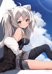 Rule 34 | 1girl, absurdres, ahoge, animal ears, black pantyhose, black shirt, blush, breasts, brown jacket, cleavage, closed mouth, cloud, cloudy sky, commentary, day, ear piercing, fang, fang out, fur-trimmed jacket, fur trim, grey eyes, grey skirt, highres, hololive, jacket, knee up, lion ears, lion girl, long hair, looking at viewer, medium breasts, nyasunyadoora, off shoulder, open clothes, open jacket, outdoors, pantyhose, piercing, see-through, see-through cleavage, shirt, shishiro botan, shishiro botan (1st costume), signature, silver hair, single leg pantyhose, sitting, skin fang, skirt, sky, sleeveless, sleeveless shirt, smile, solo, thigh strap, virtual youtuber