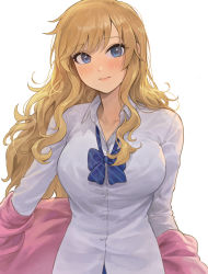 Rule 34 | 1girl, 3:, blonde hair, blue bow, blue eyes, blue neckwear, blush, bow, bowtie, breasts, closed mouth, collared shirt, commentary request, frown, grey shirt, highres, idolmaster, idolmaster cinderella girls, long hair, medium breasts, mixed-language commentary, nhaliz, off shoulder, ohtsuki yui, shirt, sidelocks, simple background, solo, striped bow, striped bowtie, striped clothes, striped neckwear, upper body, wavy hair, white background, wing collar