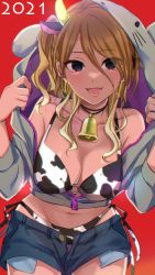 Rule 34 | 1girl, 2021, animal ears, animal hood, animal print, bell, bikini, bikini under clothes, black eyes, blonde hair, blue shorts, breasts, cleavage, commentary request, cow ears, cow horns, cow print, denim, denim shorts, grey hoodie, highres, hood, hoodie, horns, idolmaster, idolmaster shiny colors, izumi mei, leaning forward, long sleeves, looking at viewer, medium breasts, medium hair, micro shorts, midriff, mouse hood, navel, neck bell, new year, o-ring, o-ring bikini, open clothes, open fly, open hoodie, open mouth, opened by self, partial commentary, print bikini, red background, shorts, side-tie bikini bottom, simple background, smile, solo, standing, swept bangs, swimsuit, two side up, white bikini, yoi r