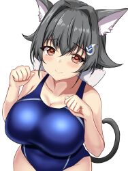 Rule 34 | 1girl, animal ears, black hair, blue one-piece swimsuit, blush, breasts, cat day, cat ears, cat tail, competition swimsuit, covered navel, extra ears, hair between eyes, hair flaps, hair ornament, hairclip, highres, impossible clothes, impossible swimsuit, jingei (kancolle), kantai collection, large breasts, long hair, looking at viewer, low ponytail, montemasa, one-piece swimsuit, red eyes, simple background, smile, solo, swimsuit, tail, two-tone swimsuit, upper body, white background