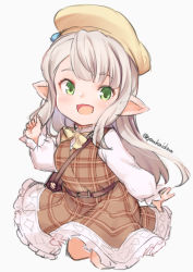Rule 34 | 1girl, belt, blush, brown belt, brown dress, character request, dress, granblue fantasy, green eyes, grey background, harvin, highres, jingai modoki, long hair, long sleeves, looking at viewer, open mouth, plaid, plaid dress, ponytail, simple background, smile, solo, twitter username, white hair