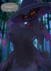 Rule 34 | 1girl, :d, @ @, absurdres, black skin, blush, breasts, colored sclera, colored skin, commission, creatures (company), english text, eyelashes, flying sweatdrops, game freak, gen 4 pokemon, highres, large breasts, looking at viewer, mismagius, nintendo, nose blush, open mouth, outdoors, pokemon, pokemon (creature), red eyes, sky, smile, solo, speech bubble, standing, yellow sclera, yuio58ok